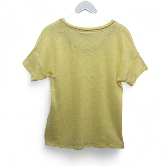 Chico's Yellow Linen Knit Top Size 0 Small Metallic Trim Short Sleeve Tunic Tee - Picture 3 of 13